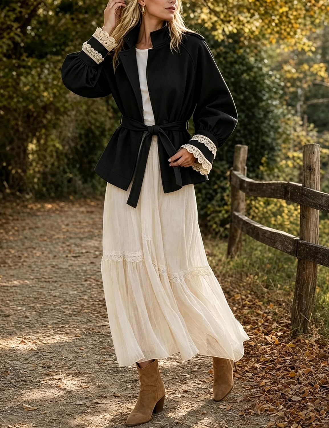 image:imageWomens Cropped Trench Coat Casual Jacket Lace Cuff Belted WaistBlack