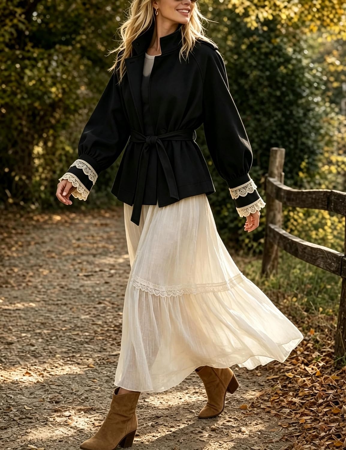 image:imageWomens Cropped Trench Coat Casual Jacket Lace Cuff Belted WaistBlack
