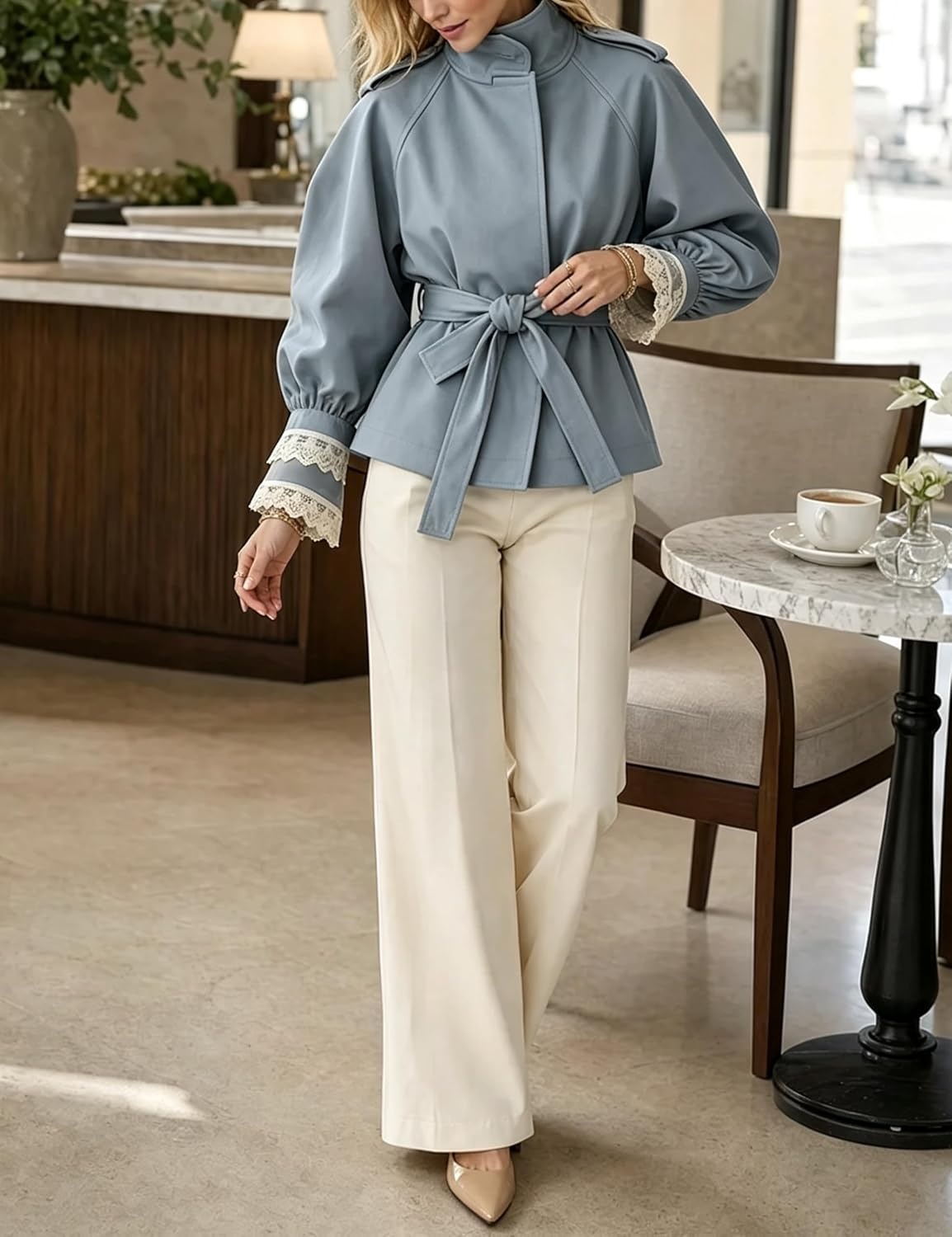 image:imageWomens Cropped Trench Coat Casual Jacket Lace Cuff Belted WaistBluegrey