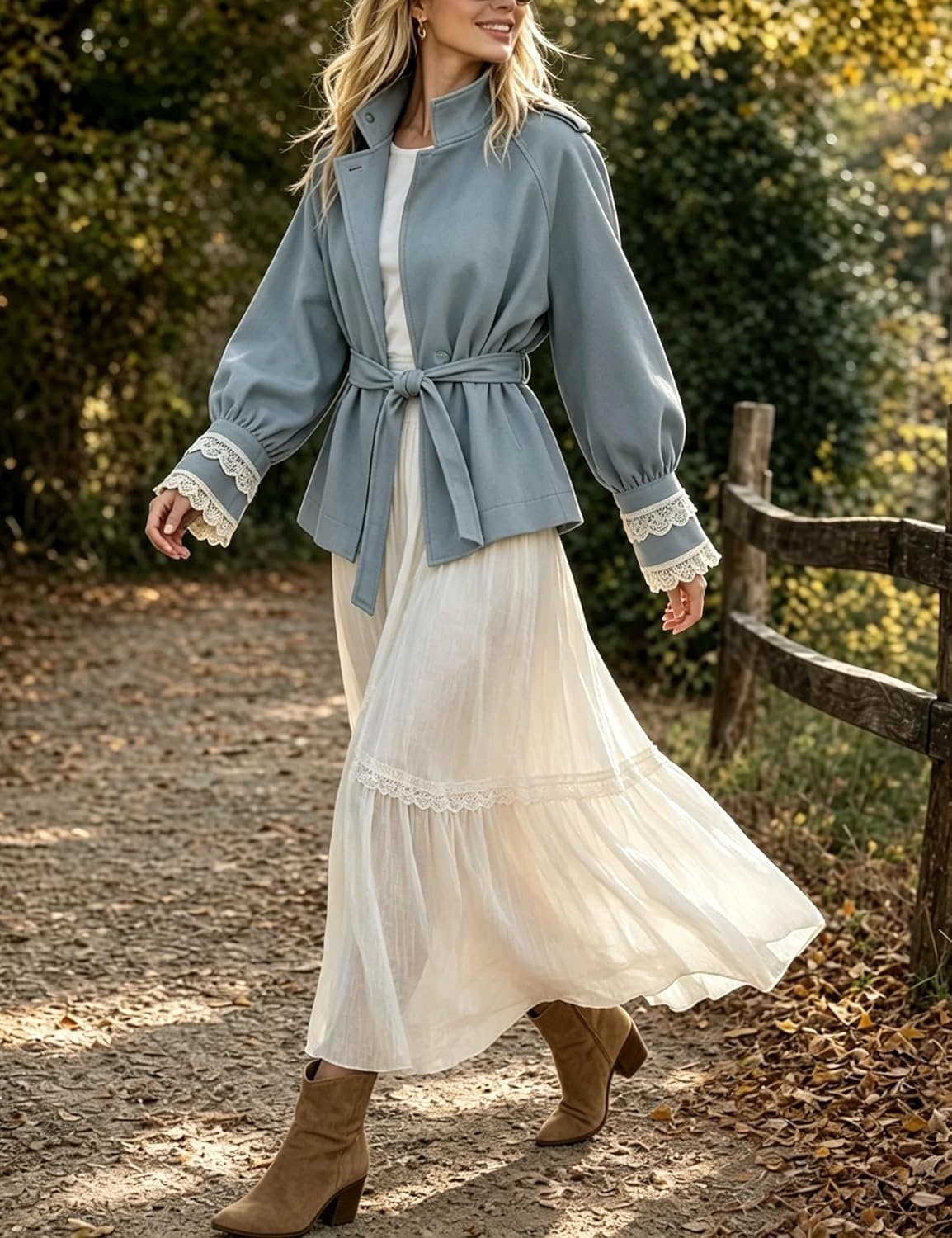 image:imageWomens Cropped Trench Coat Casual Jacket Lace Cuff Belted WaistBluegrey