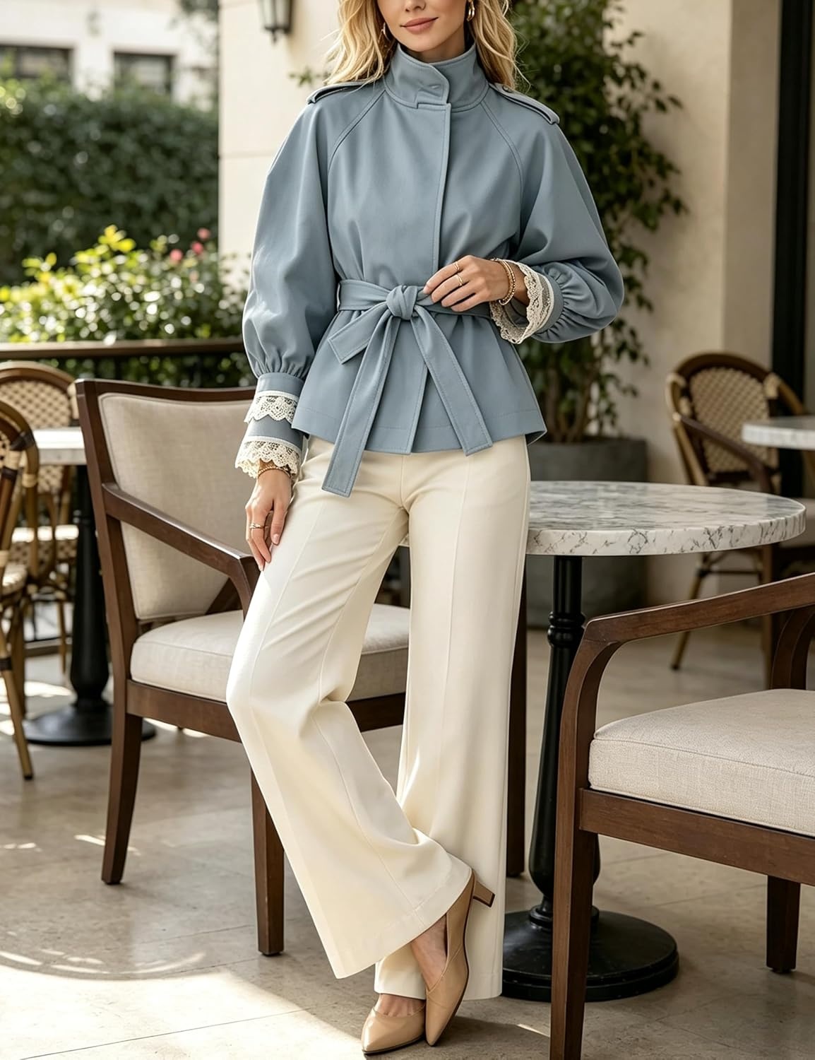 image:imageWomens Cropped Trench Coat Casual Jacket Lace Cuff Belted WaistBluegrey