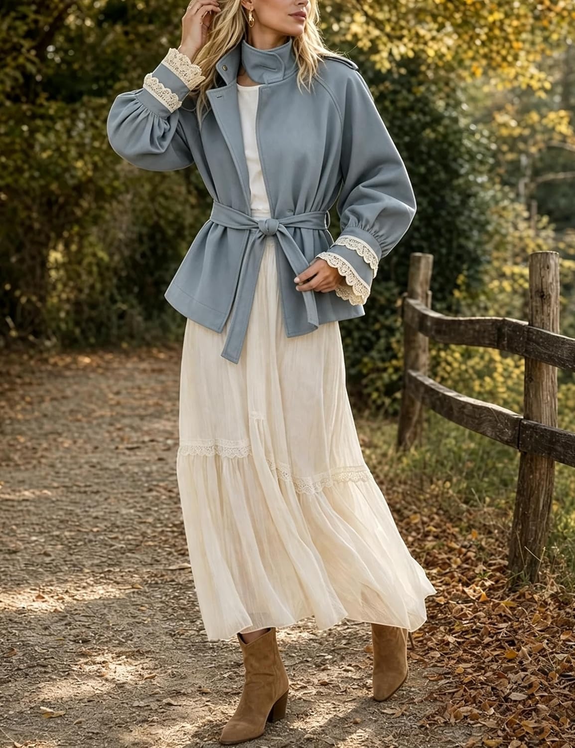 image:imageWomens Cropped Trench Coat Casual Jacket Lace Cuff Belted WaistBluegrey