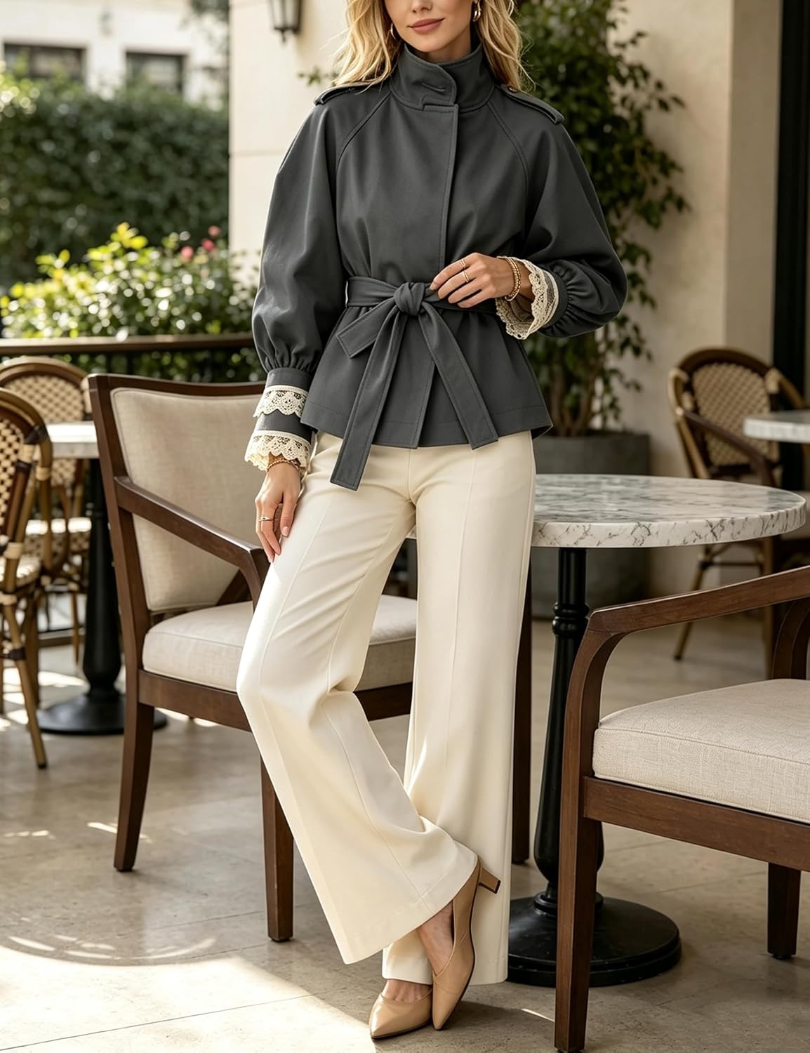 image:imageWomens Cropped Trench Coat Casual Jacket Lace Cuff Belted WaistGrey