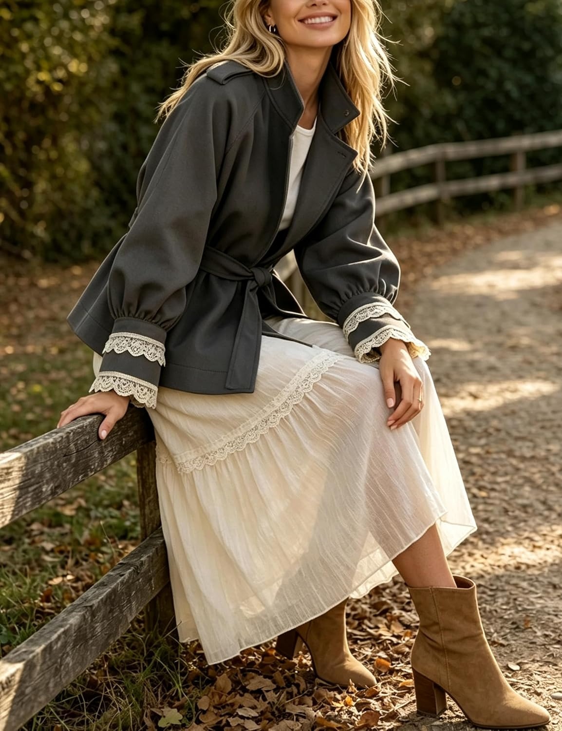 image:imageWomens Cropped Trench Coat Casual Jacket Lace Cuff Belted WaistGrey