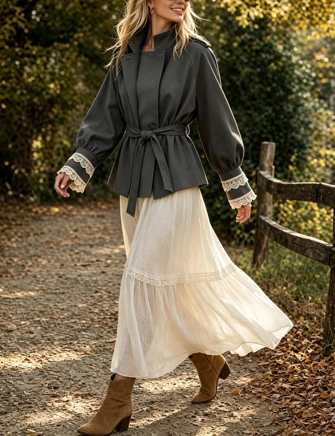 image:imageWomens Cropped Trench Coat Casual Jacket Lace Cuff Belted WaistGrey