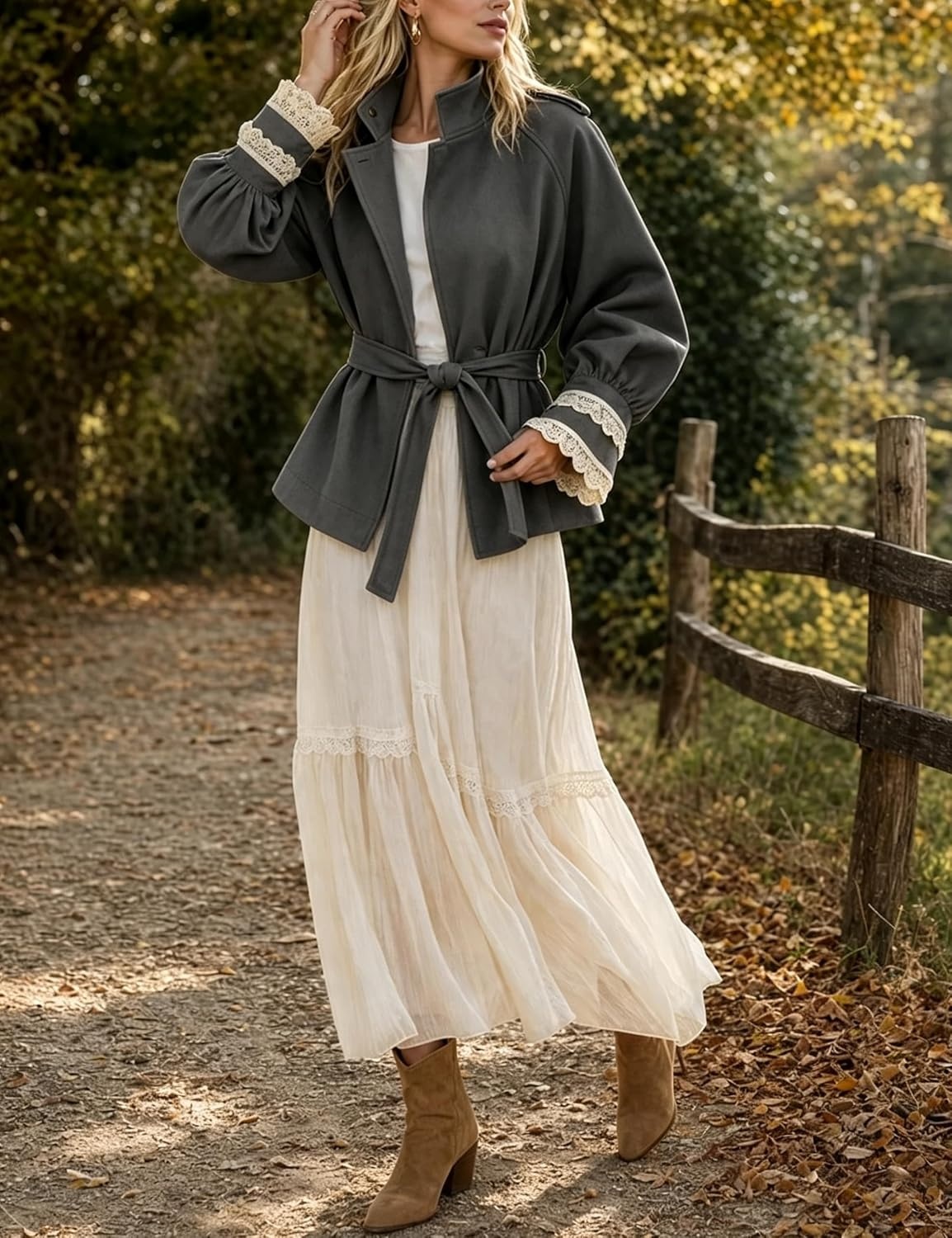image:imageWomens Cropped Trench Coat Casual Jacket Lace Cuff Belted WaistGrey