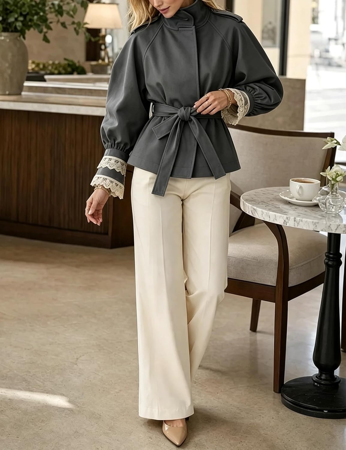 image:imageWomens Cropped Trench Coat Casual Jacket Lace Cuff Belted WaistGrey
