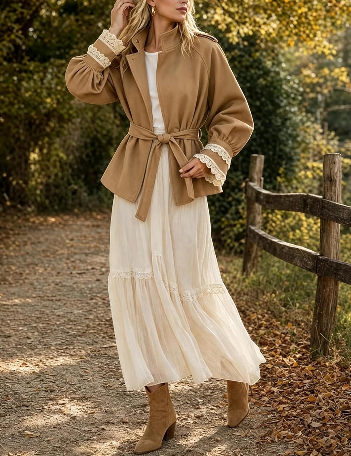 image:imageWomens Cropped Trench Coat Casual Jacket Lace Cuff Belted WaistKhaki