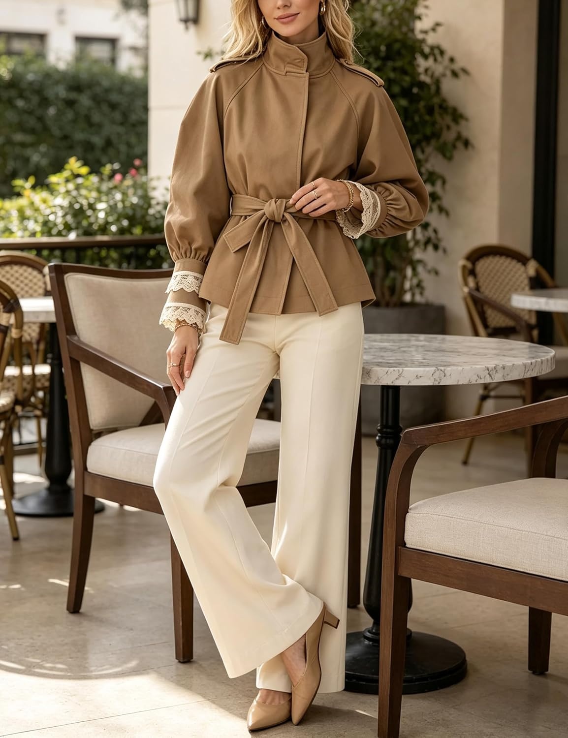 image:imageWomens Cropped Trench Coat Casual Jacket Lace Cuff Belted WaistKhaki