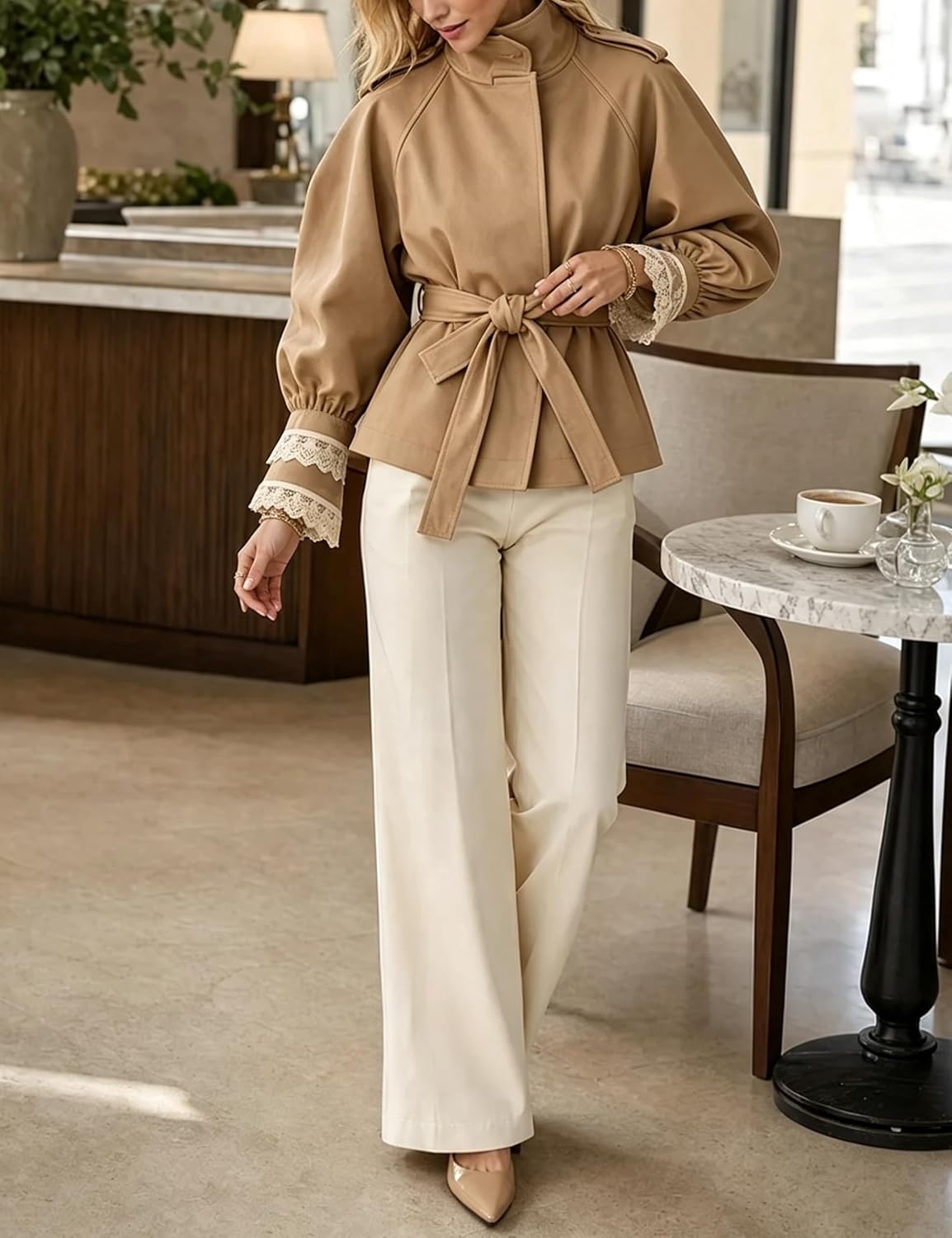 image:imageWomens Cropped Trench Coat Casual Jacket Lace Cuff Belted WaistKhaki