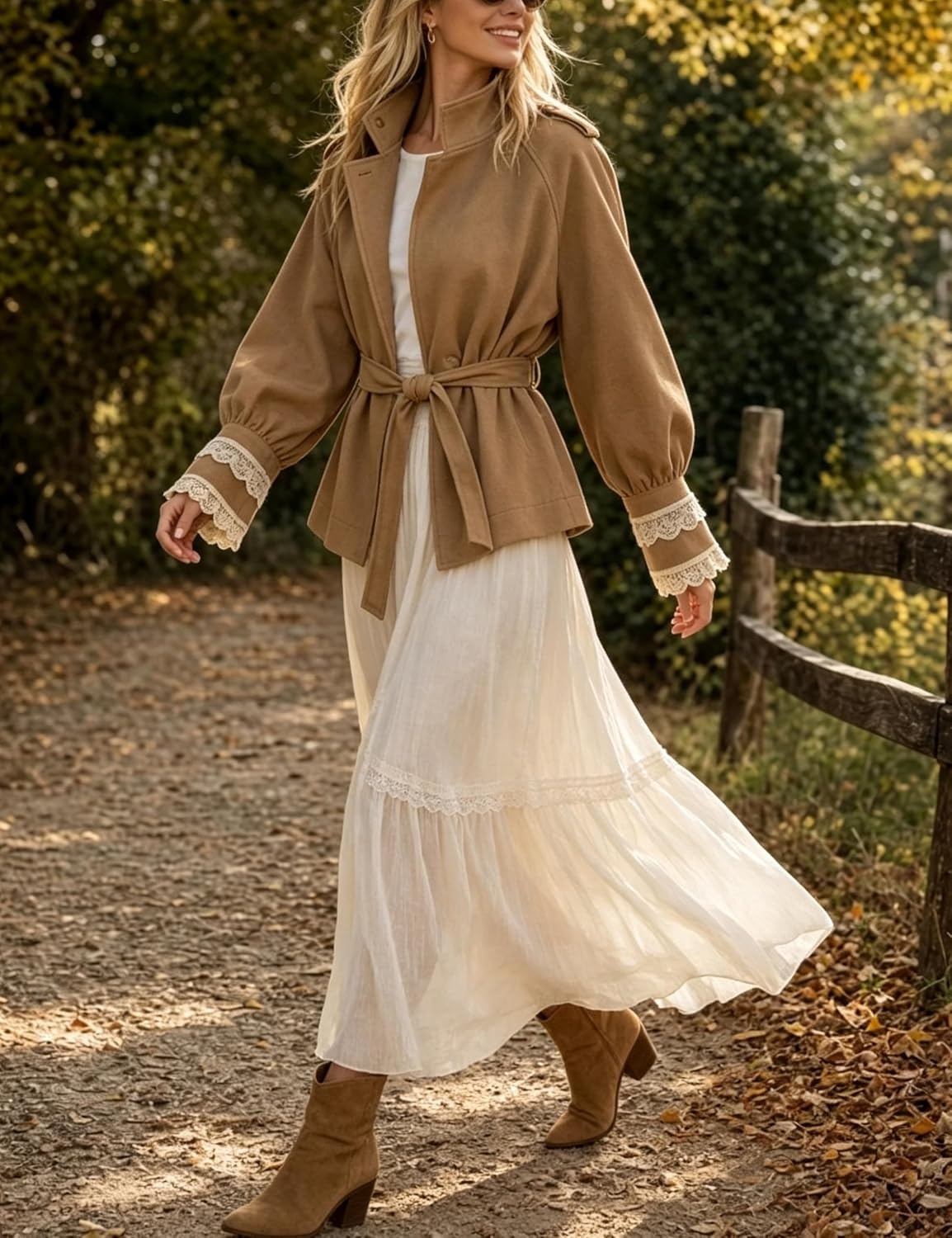 image:imageWomens Cropped Trench Coat Casual Jacket Lace Cuff Belted WaistKhaki