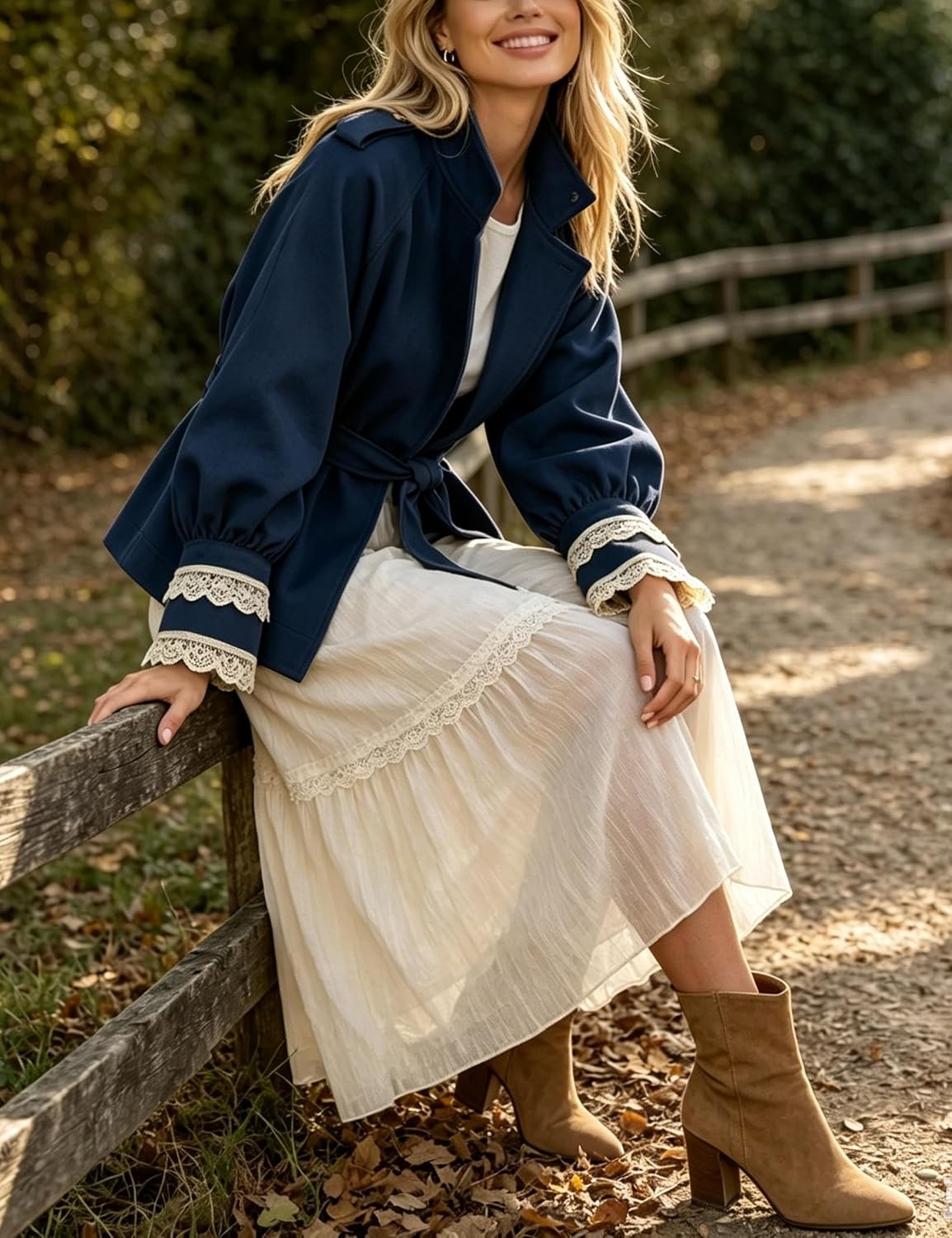 image:imageWomens Cropped Trench Coat Casual Jacket Lace Cuff Belted WaistNavy