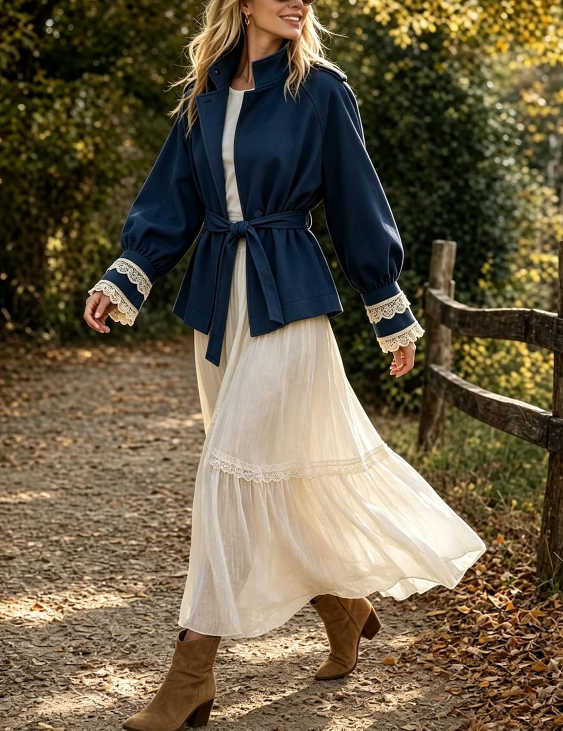 image:imageWomens Cropped Trench Coat Casual Jacket Lace Cuff Belted WaistNavy