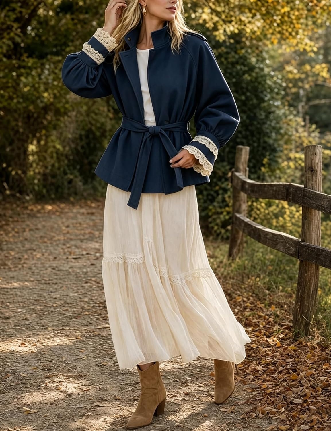 image:imageWomens Cropped Trench Coat Casual Jacket Lace Cuff Belted WaistNavy