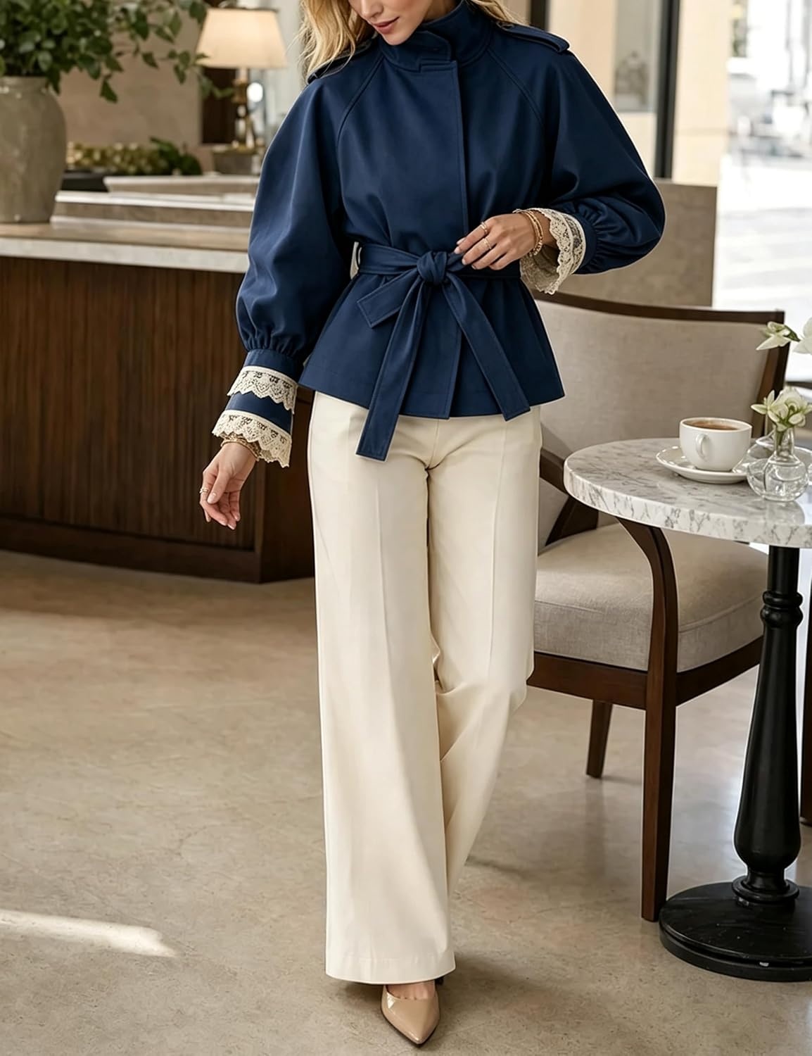image:imageWomens Cropped Trench Coat Casual Jacket Lace Cuff Belted WaistNavy