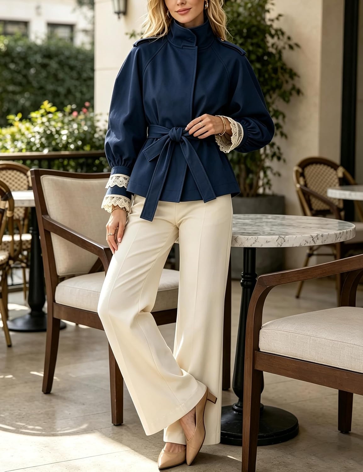 image:imageWomens Cropped Trench Coat Casual Jacket Lace Cuff Belted WaistNavy