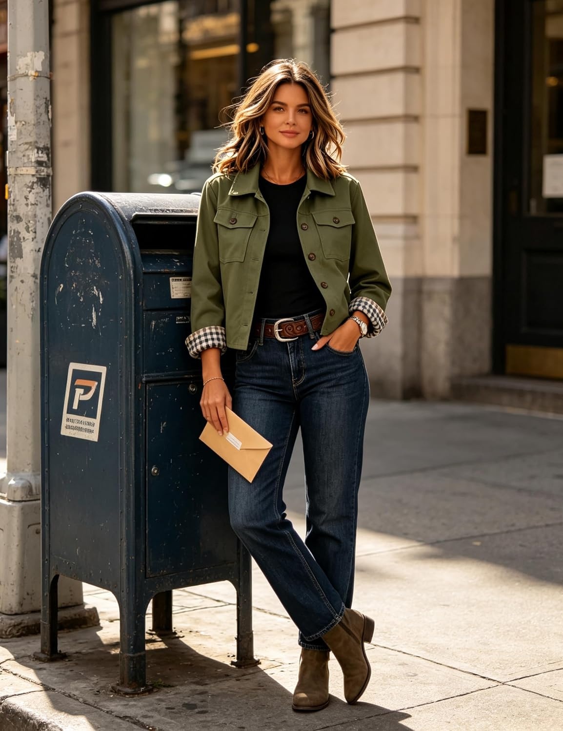 image:imageWomens Cropped Trench Jacket Button Down Plaid Lined CoatArmygreen