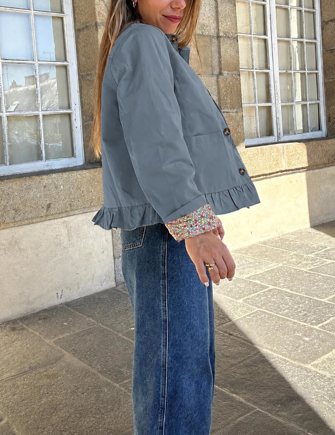 image:imageWomens Cropped Trench Jacket Ruffle Hem Floral Lined CoatBluegrey