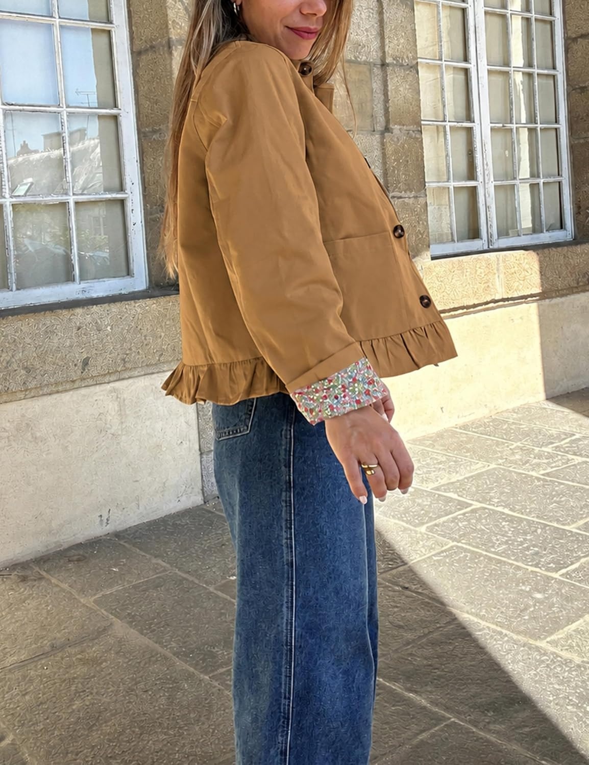 image:imageWomens Cropped Trench Jacket Ruffle Hem Floral Lined CoatCamel
