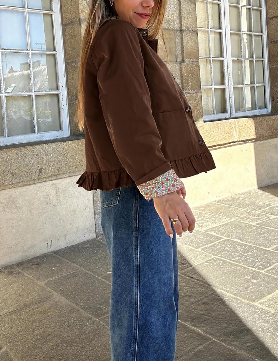 image:imageWomens Cropped Trench Jacket Ruffle Hem Floral Lined CoatCoffee