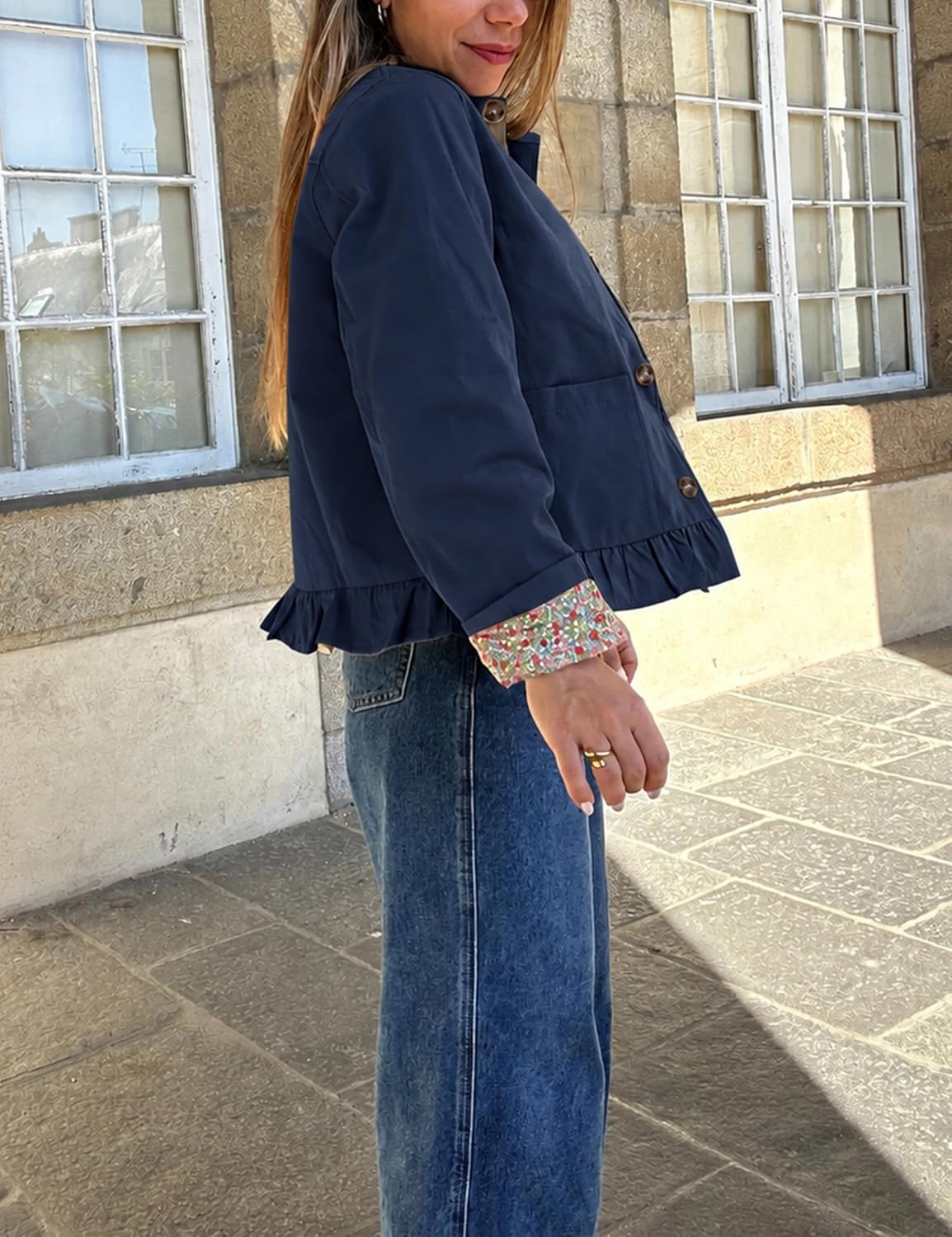 image:imageWomens Cropped Trench Jacket Ruffle Hem Floral Lined CoatNavy