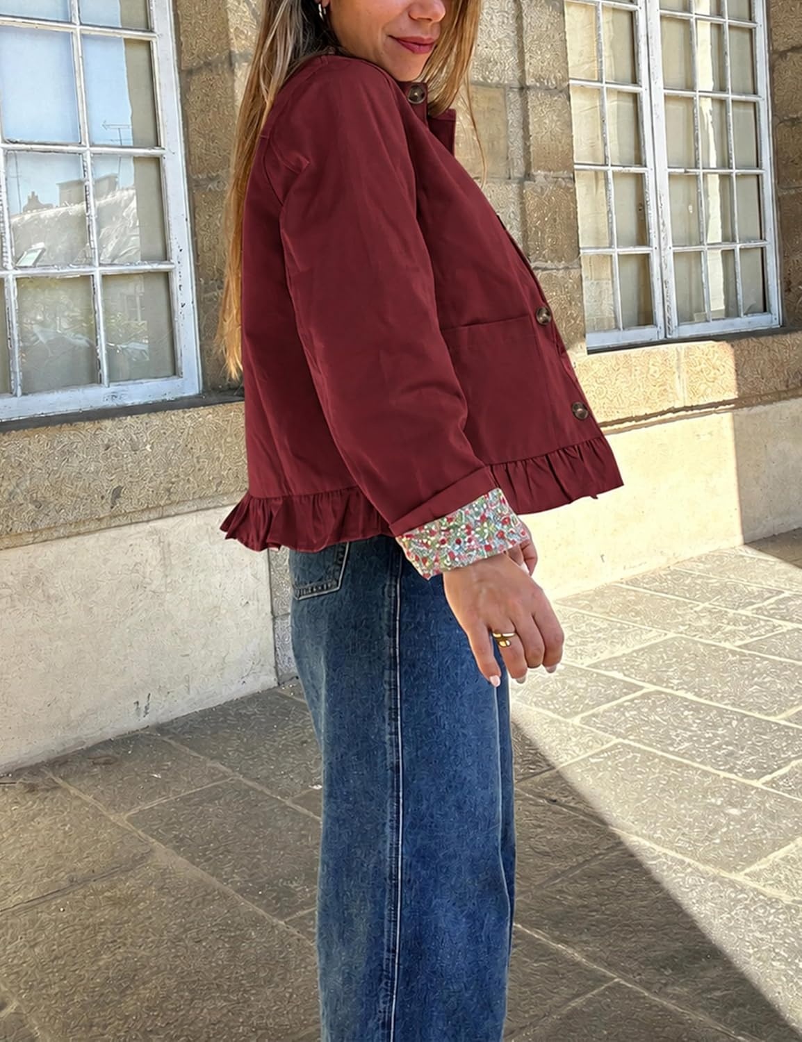 image:imageWomens Cropped Trench Jacket Ruffle Hem Floral Lined CoatWine