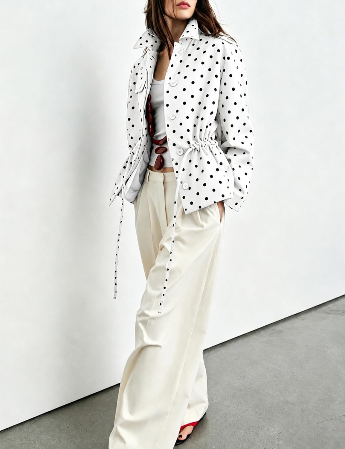 image:imageWomens Drawstring Polka Dot Jackets Funnel Neck Button Down Short Casual Lightweight Parka Coat with PocketsBeige