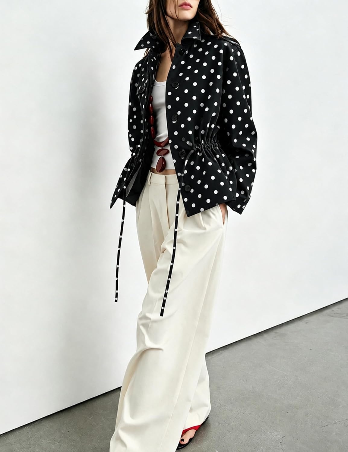 image:imageWomens Drawstring Polka Dot Jackets Funnel Neck Button Down Short Casual Lightweight Parka Coat with PocketsBlack