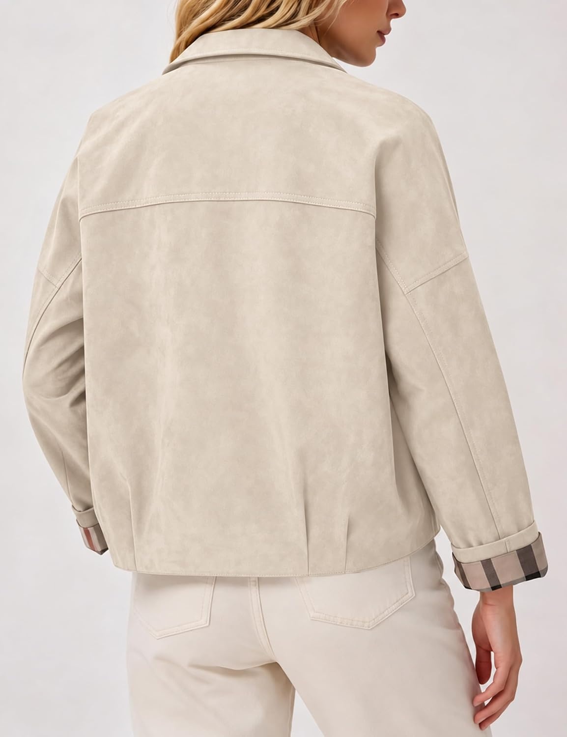 image:imageWomens Faux Suede Trench Jacket Plaid Lining Button Casual CoatBeige