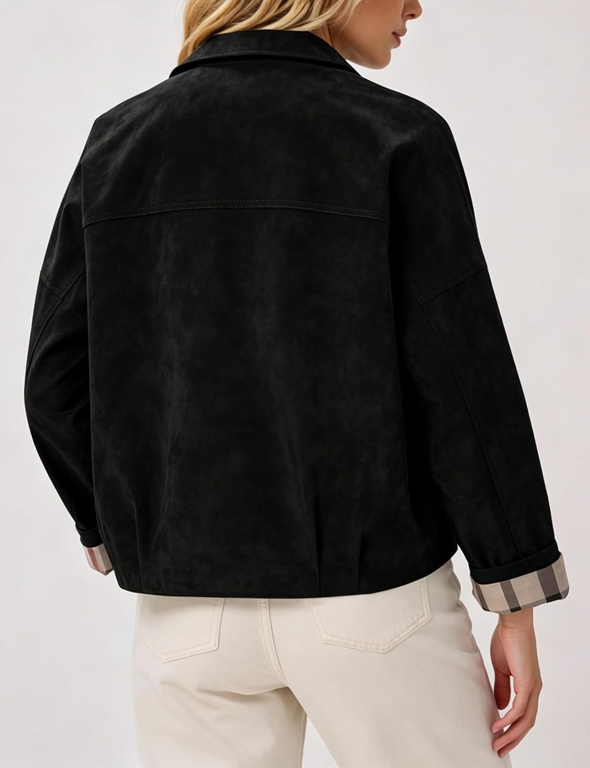 image:imageWomens Faux Suede Trench Jacket Plaid Lining Button Casual CoatBlack