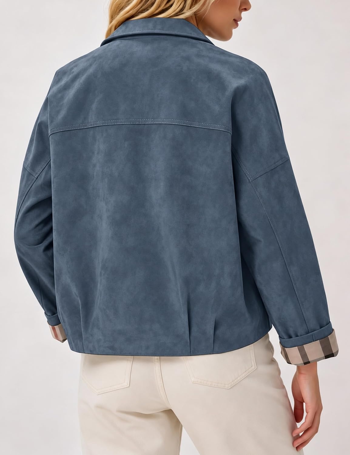 image:imageWomens Faux Suede Trench Jacket Plaid Lining Button Casual CoatBluegrey
