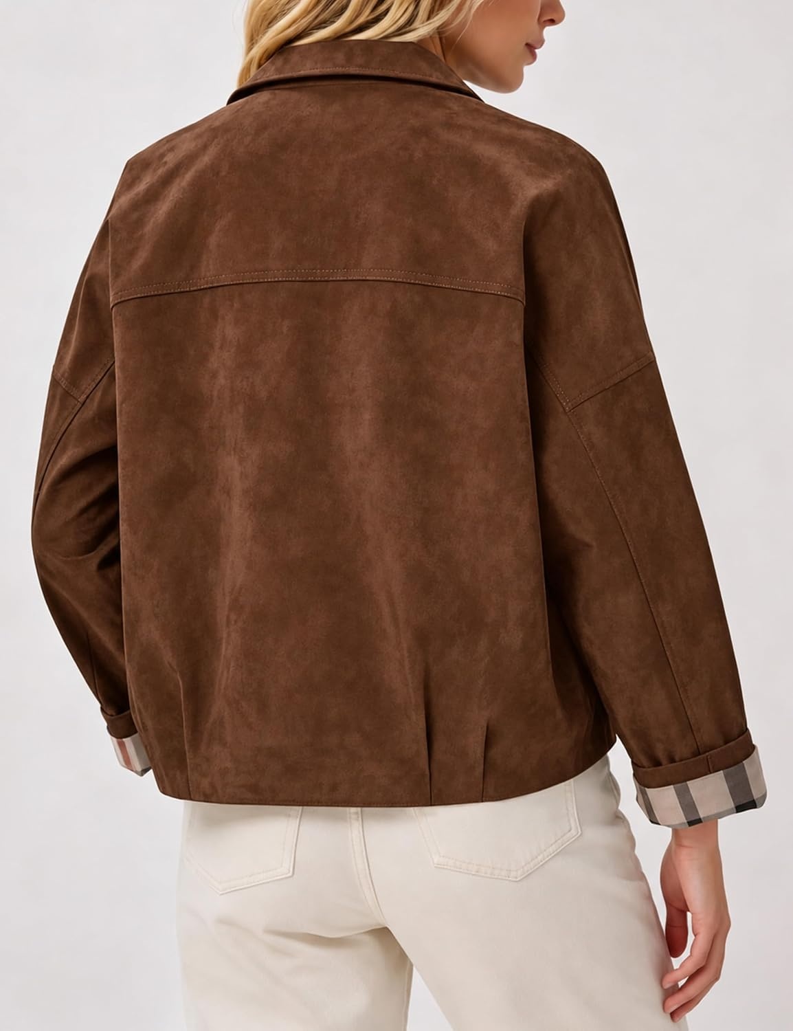 image:imageWomens Faux Suede Trench Jacket Plaid Lining Button Casual CoatBrown