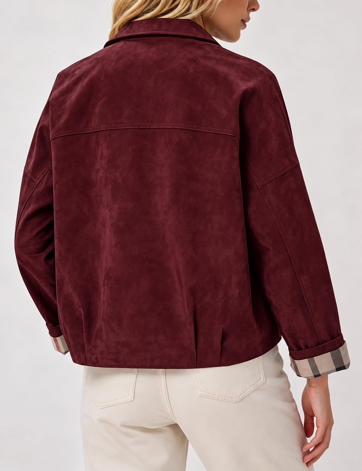 image:imageWomens Faux Suede Trench Jacket Plaid Lining Button Casual CoatBurgundy
