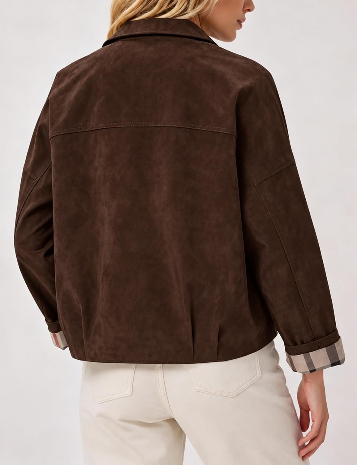 image:imageWomens Faux Suede Trench Jacket Plaid Lining Button Casual CoatCoffee