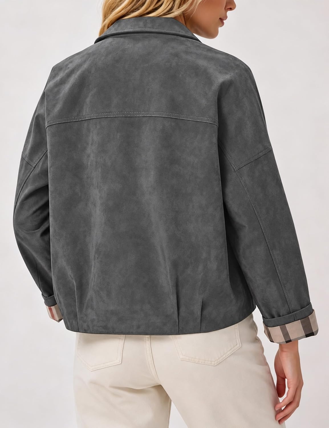 image:imageWomens Faux Suede Trench Jacket Plaid Lining Button Casual CoatGray