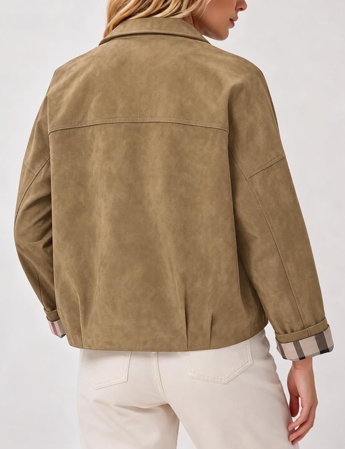 image:imageWomens Faux Suede Trench Jacket Plaid Lining Button Casual CoatKhaki