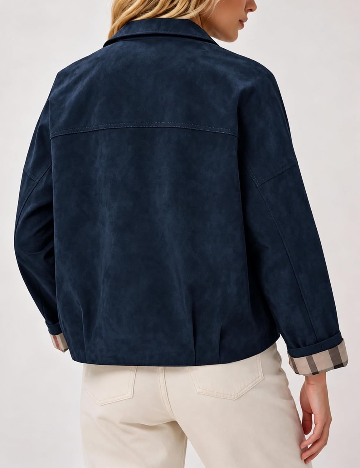 image:imageWomens Faux Suede Trench Jacket Plaid Lining Button Casual CoatNavy