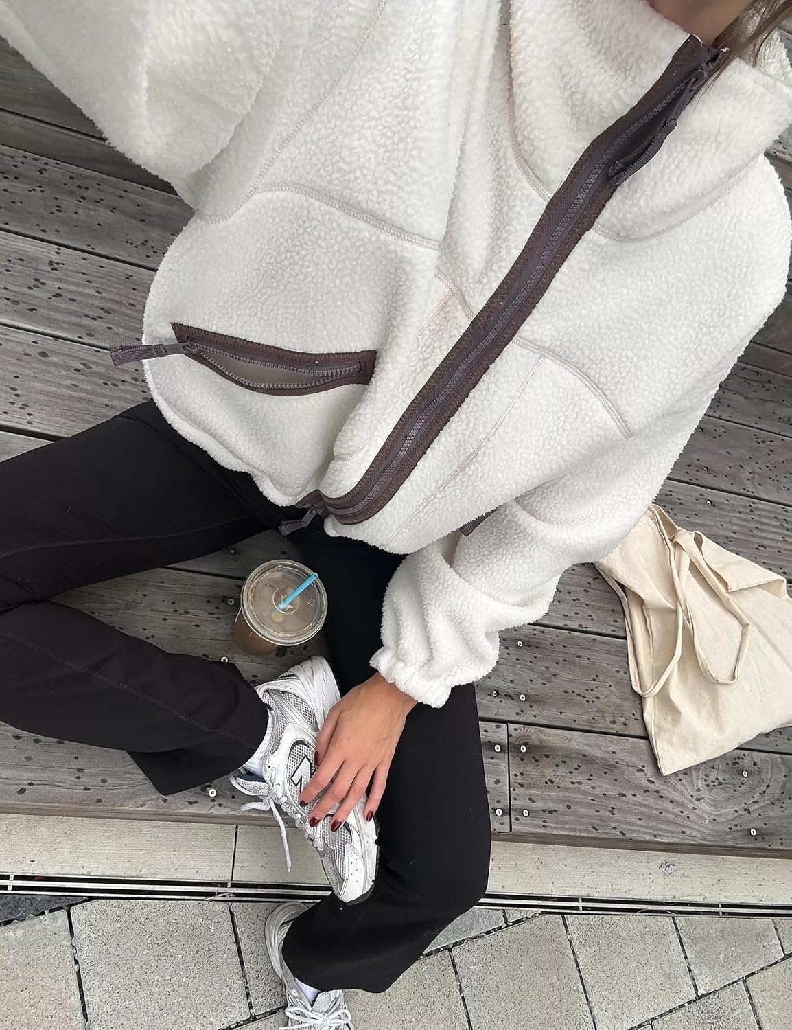 image:imageWomens Fleece Cropped Jacket Funnel Neck Zip Up Fuzzy Teddy CoatBeige