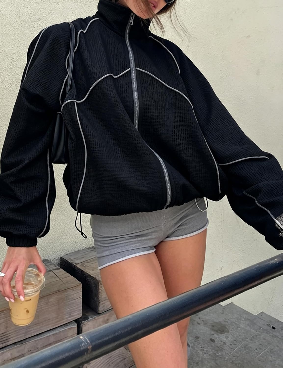 image:imageWomens Mesh Track Jacket Oversized Zip Up Lightweight CoatBlack