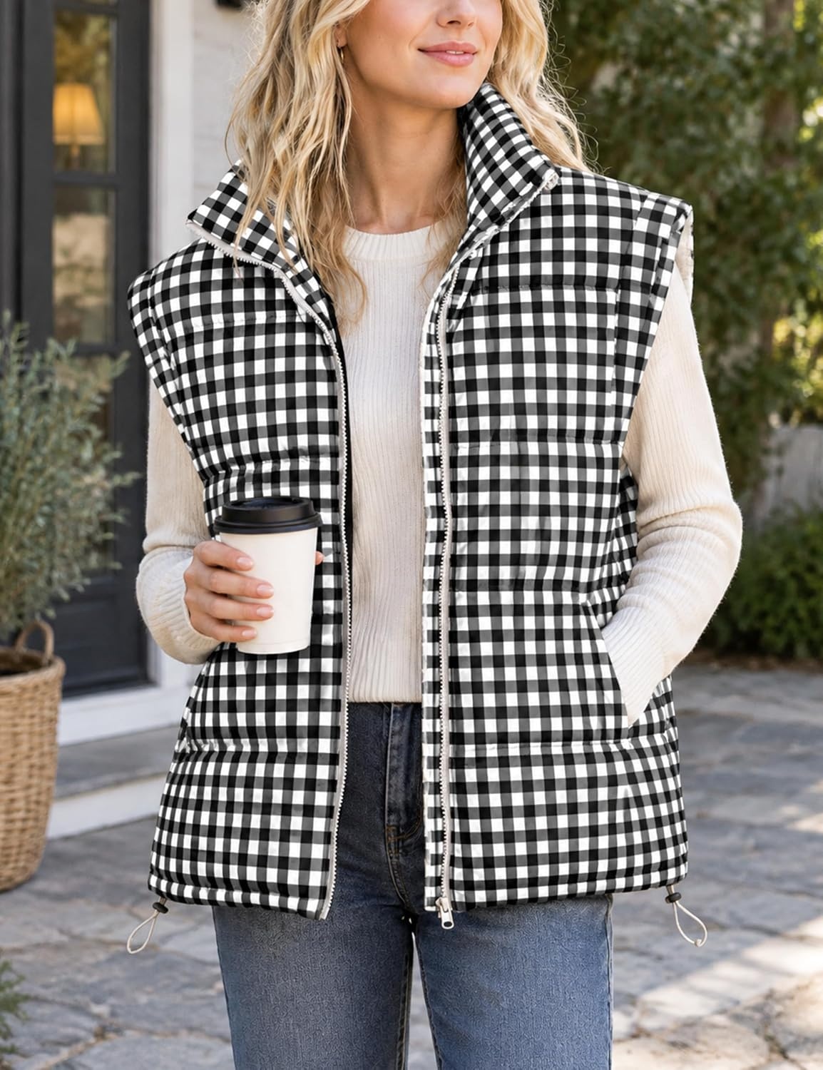 image:imageWomens Oversized Puffer Vest Gingham Sleeveless Paded Gilet JacketsBlack