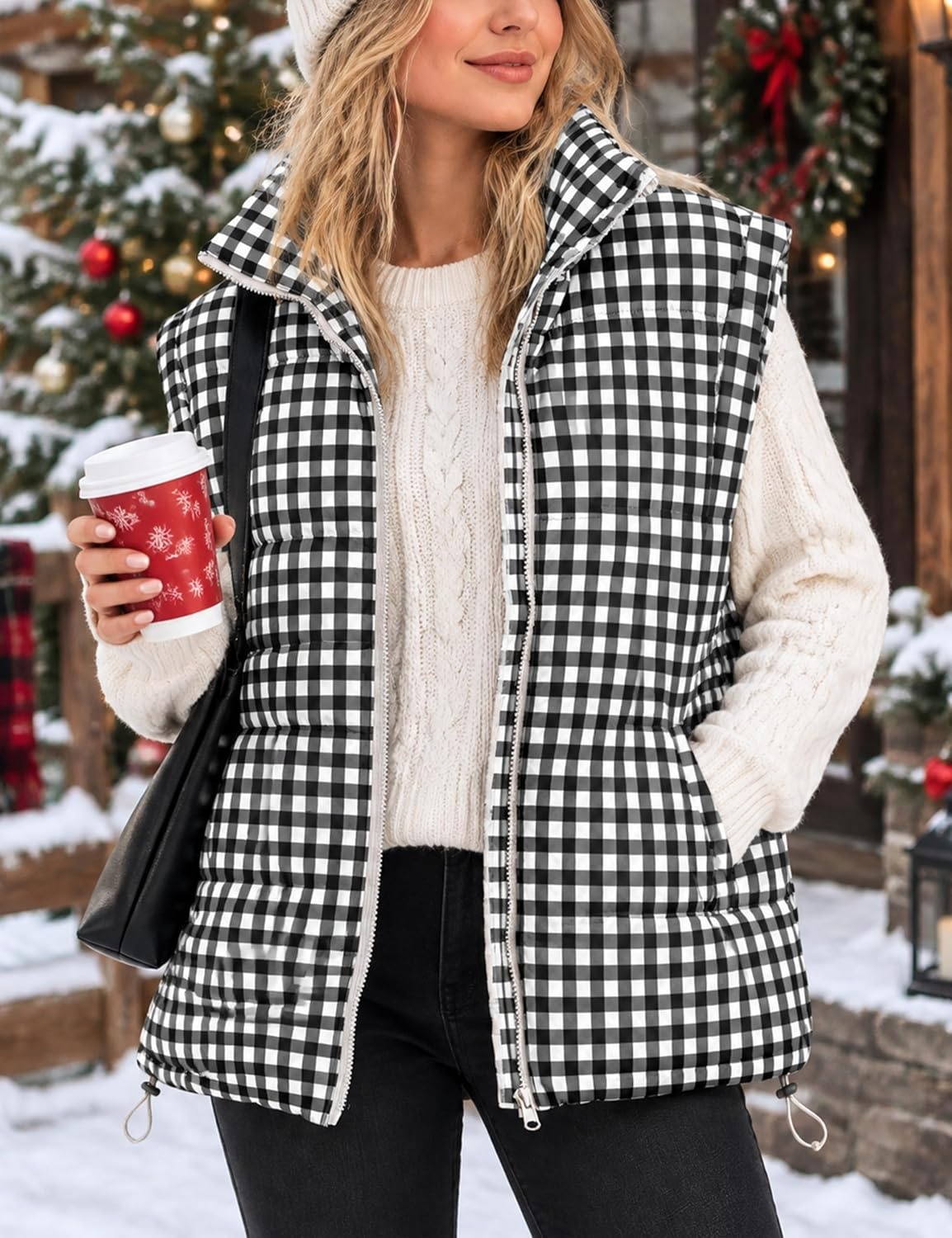 image:imageWomens Oversized Puffer Vest Gingham Sleeveless Paded Gilet JacketsBlack