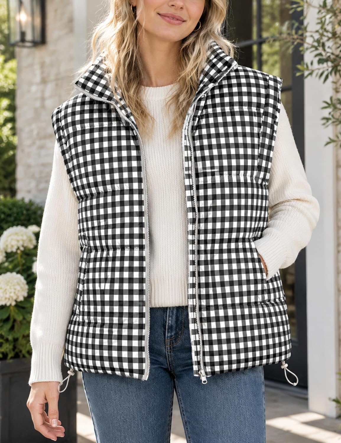 image:imageWomens Oversized Puffer Vest Gingham Sleeveless Paded Gilet JacketsBlack