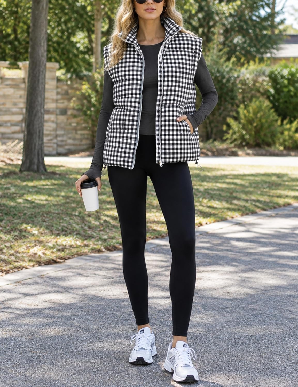 image:imageWomens Oversized Puffer Vest Gingham Sleeveless Paded Gilet JacketsBlack