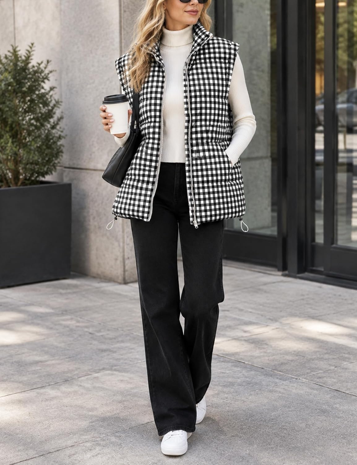 image:imageWomens Oversized Puffer Vest Gingham Sleeveless Paded Gilet JacketsBlack