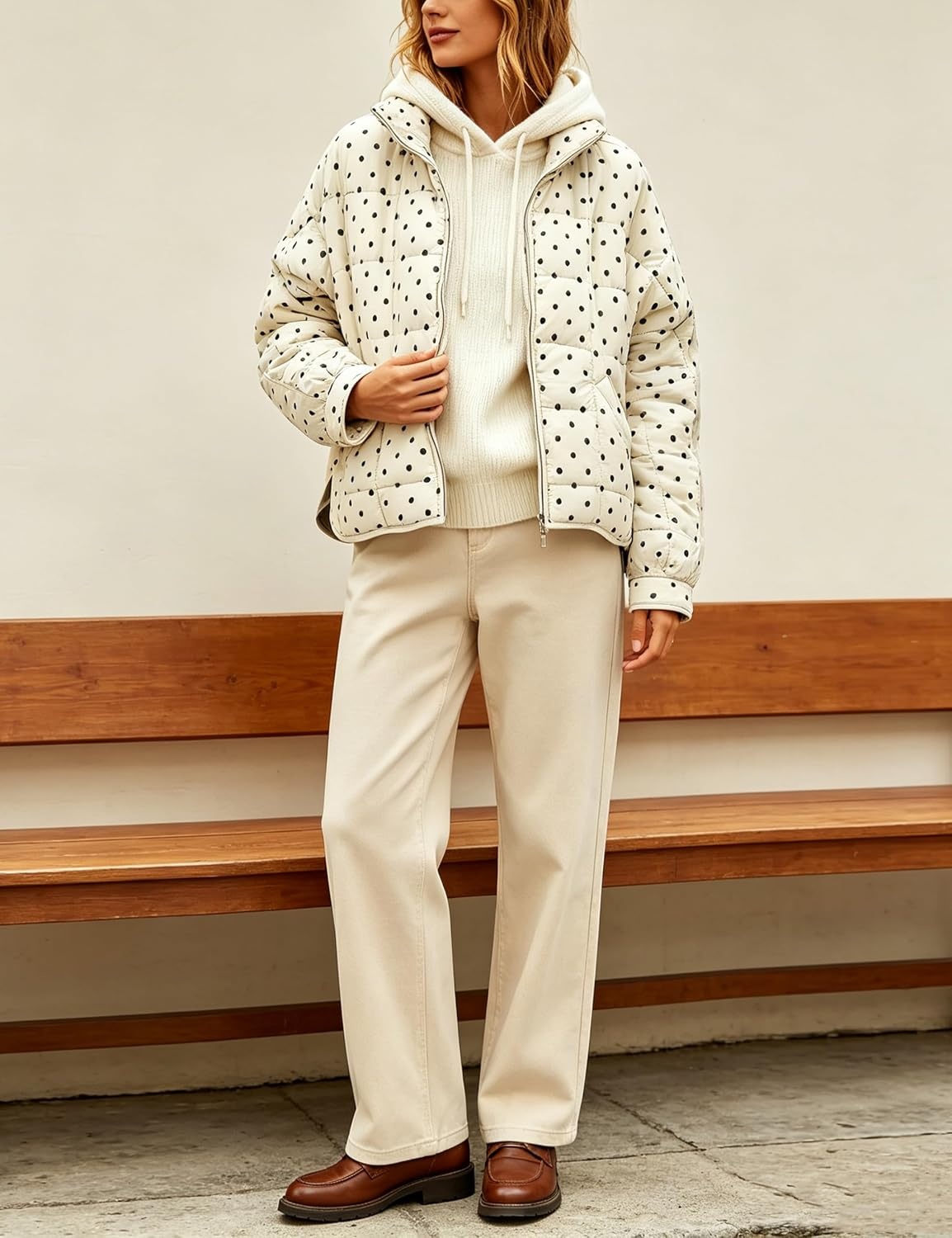 image:imageWomens Polka Dot Puffer Jacket Quilted Zip Up Winter Coat PocketsBeige
