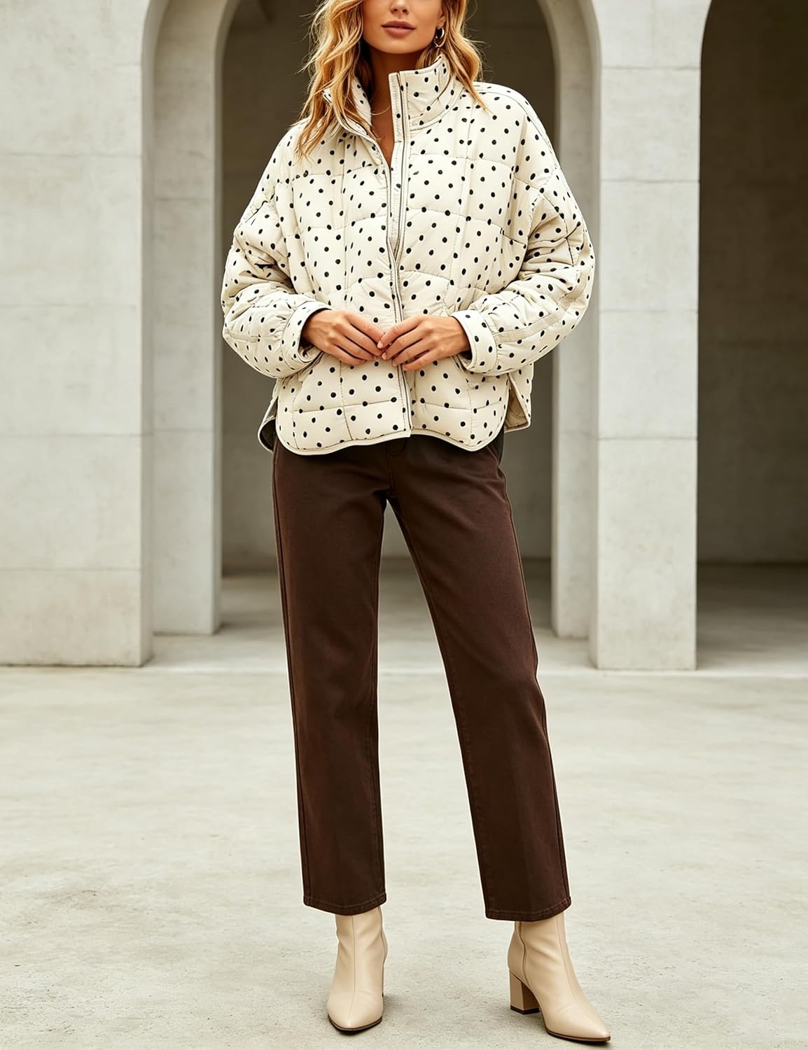 image:imageWomens Polka Dot Puffer Jacket Quilted Zip Up Winter Coat PocketsBeige