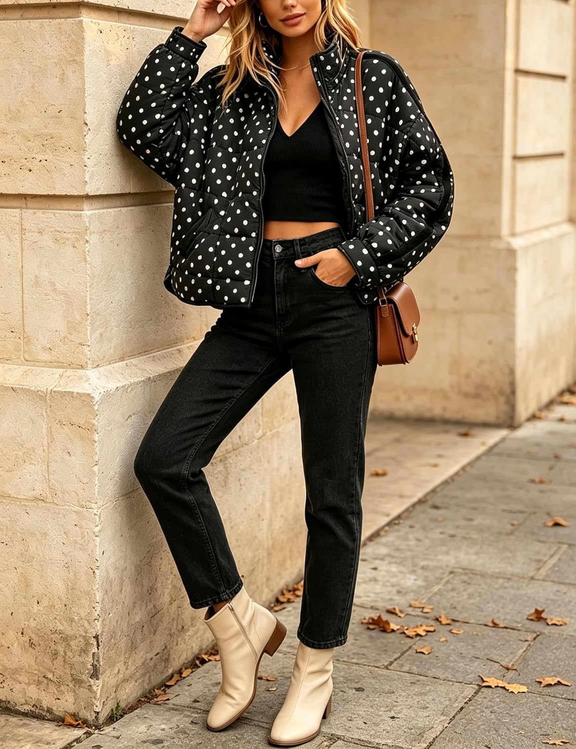 image:imageWomens Polka Dot Puffer Jacket Quilted Zip Up Winter Coat PocketsBlack