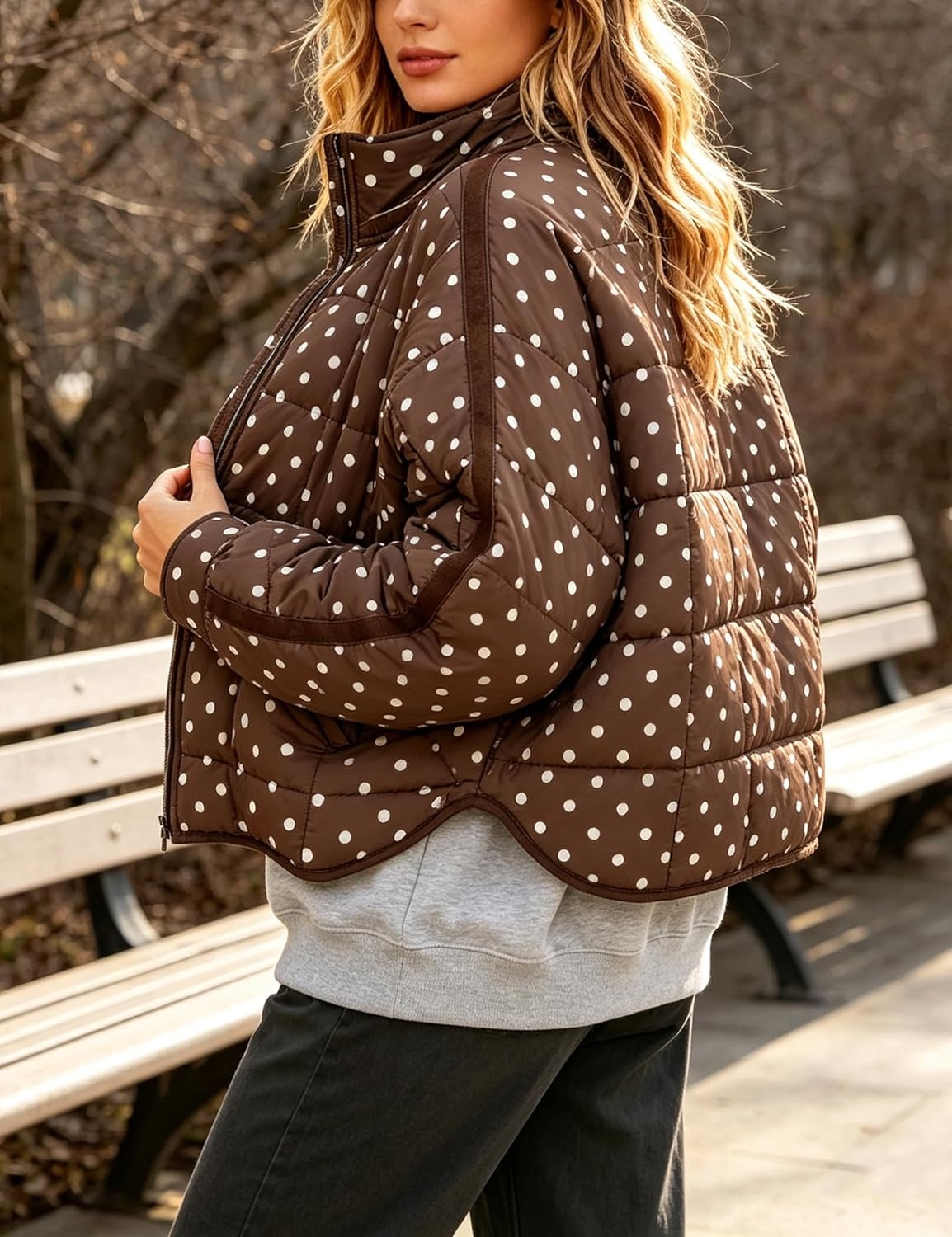image:imageWomens Polka Dot Puffer Jacket Quilted Zip Up Winter Coat PocketsBrown