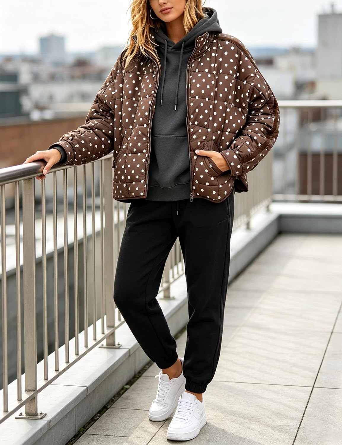 image:imageWomens Polka Dot Puffer Jacket Quilted Zip Up Winter Coat PocketsBrown
