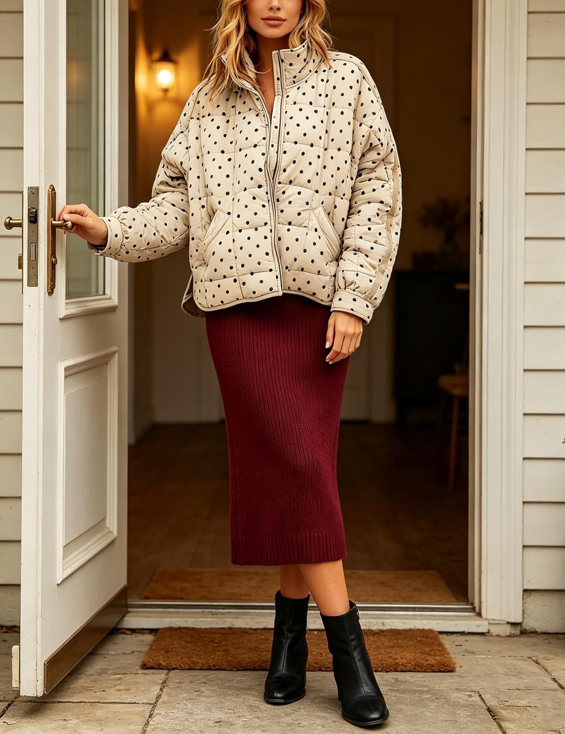 image:imageWomens Polka Dot Puffer Jacket Quilted Zip Up Winter Coat PocketsKhaki